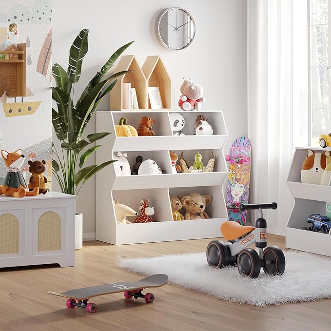 DINZI LVJ Toy Storage Organizer, Kids Bookshelf, Wooden Toy Storage Cabinet, 6 Cubby Children Bookcase, 39.4" L Toddler Book Shelf for Playroom, Living Room, Nursery, Hallway, School, White