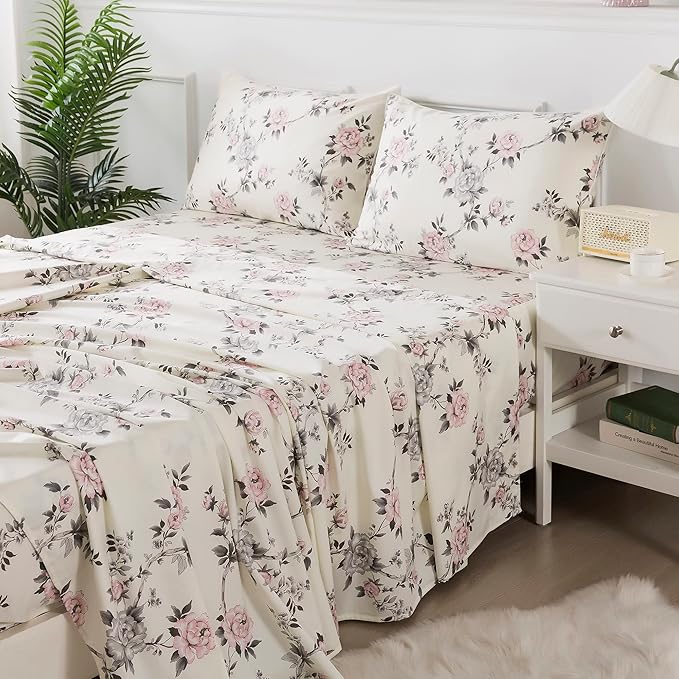 FADFAY Floral Sheets Set Twin Vintage Rose Floral Bedding Shabby Grey and Pink Peony Print Sheets Farmhouse Bedding 800 Thread Count 100% Egyptian Cotton Soft Deep Pocket Fitted Sheet 4Pcs, Twin Size