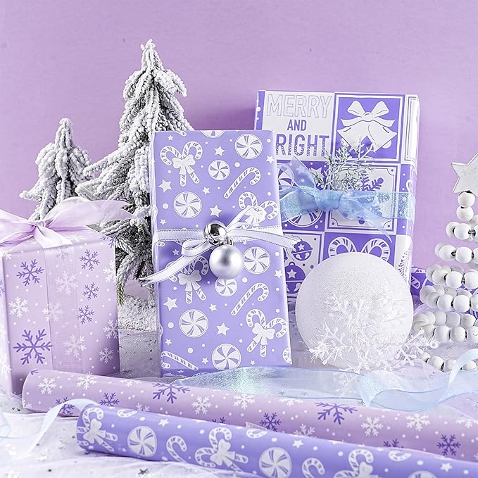 LeZakaa Christmas Wrapping Paper Mini Roll - Bell & Tree/Candy Canes/Snowflakes Design in Light Purple for Gift Wrap, Arts Crafts - 17 x 120 inches - 3 Rolls (42.5 sq.ft.ttl.)