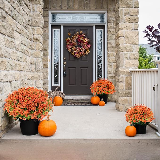 24 Bundles Fall Flowers Artificial for Halloween Decoration Outdoors, Fake Plants Autumn, Mums Daisy Eucalyptus Realistic UV Resistant for Garden Patio Porch Home Decor, Orange