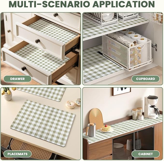 Drawer Liner and Shelf Liner for Kitchen Cabinet Liner Non-Adhesive Non-Slip Shelf Paper, Thick Strong Grip Waterproof Easy to Clean for Shelves, Cupboard, Desks, Green Plaid Pattern, 17.5 in x 10 FT