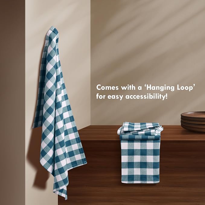 Gingham Check Kitchen Towels, 4 Pack, 16x26 Inches, 100% Cotton - Highly Absorbent, Fast Drying, Dish Towels for Drying Dishes, Hand Cleaning Towels with Hanging Loop, Teal and White