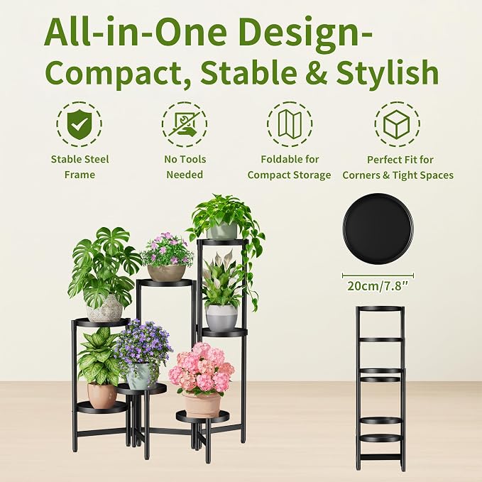 7 Tiers Plant Stand Indoor for Multiple Large Planter, Tall Tiered Folding Plant Rack Outdoor with Rustproof 10 Inch Wide Tray, Plant Shelf for Corner Living Room - BlackDisk