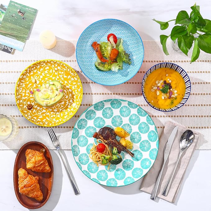 Selamica Ceramic Plates and Bowls Sets,24 Pieces Dinnerware Sets for 6,Scratch Resistant Dish Set for holiday gathering,Dishwasher & Microwave Safe, Assorted Colors