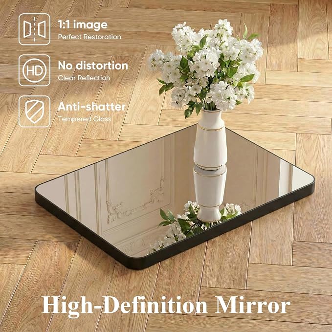 Sweetcrispy Bathroom Mirror for Over Sink, 26x38 Inch Wall Mount Mirror with a Rounded Rectangle and Matte Metal Frame, Modern Wall Vanity Mirrors for Home Decor, Living Room, Bedroom, Black