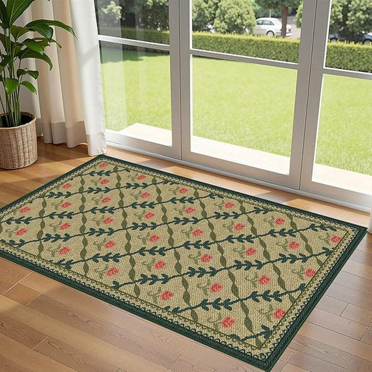 3x5 Entryway Rug - Small Washable Indoor Outdoor Mats for Front Door Non-Slip Porch Rug Jute-Look Boho Floral Throw Rugs for Living Room Bedroom Entryway Kitchen Office Front Porch Decor