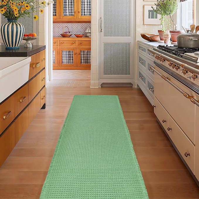 ZALL Sage Green Waffle Bath Mat,Super Absorbent Non Slip Bathroom Rug, 24x72inch, Machine Washable Ultra Soft Floor Mats