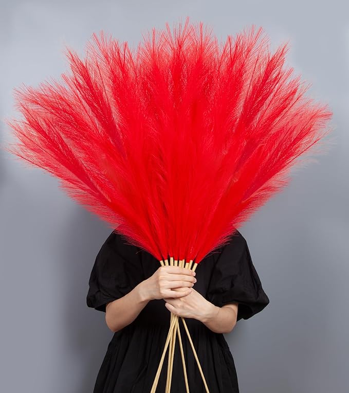 9 Pcs 45" Tall Pampas Grass Red Decor, Long Stem Artificial Flower Floor Vase Large Faux Floral Pompas Fake Plants Dried Bouquet Arrangement Vase Filler for Boho Home Wedding Decoration