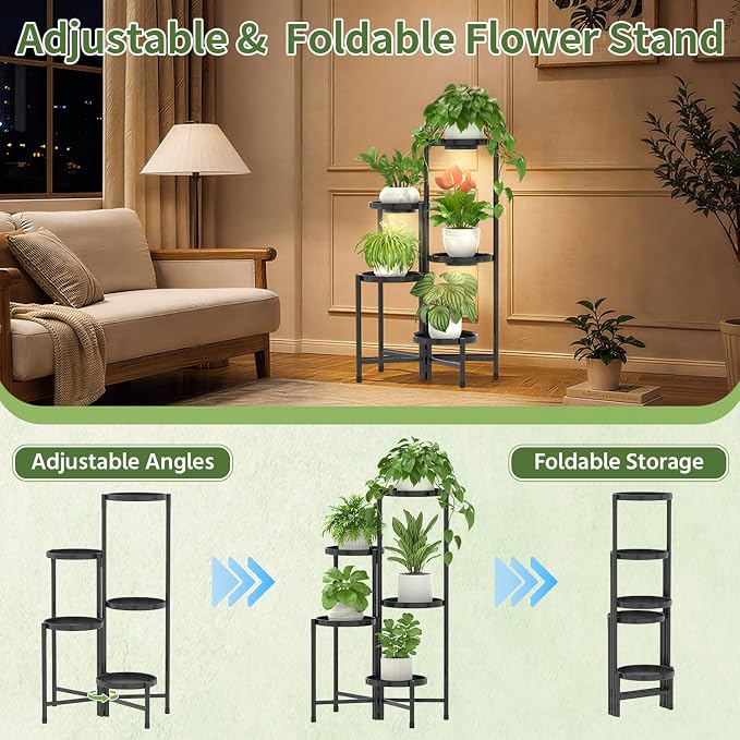 LASZOLA 5 Tier Large Plant Stand Indoor Tall with Grow Lights, Corner Folding Flower Display Rack with 10 Inch Metal Tray, Modern Plant Holder Shelf for Outdoor Patio Porch Garden Living Room, Black