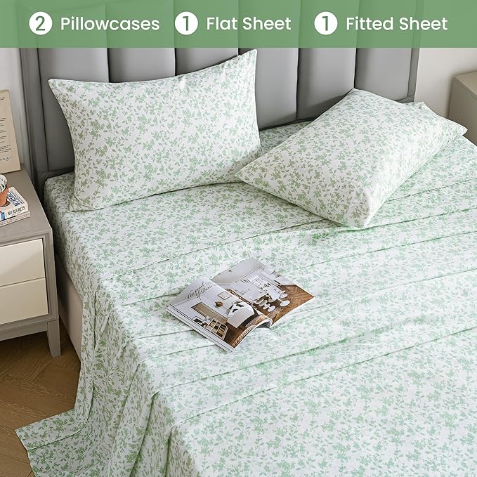 Softan King Sheet Set Green Leaves Bedding Sheets Printed Sheets - 4 Piece Soft Microfiber Botanical Patterned Fitted Sheet with 15" Deep Pocket