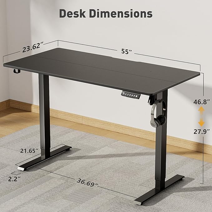 55 x 24 Inch Electric Standing Desk Adjustable Height, Sit Stand Desk, Stand up Desk for Home Office, Computer Workstation (Spliced Desktop,Black)