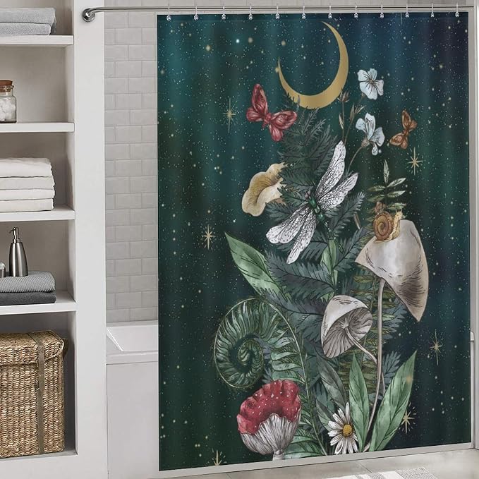 Mushroom Shower Curtain for Bathroom, Fairy Botanical Mushroom Cottagecore Gothic Moth Moon Star Nature Plants Herbs Retro Vintage VWaterproof Fabric Shower Curtain Set with Hooks, 72"x84" Inch