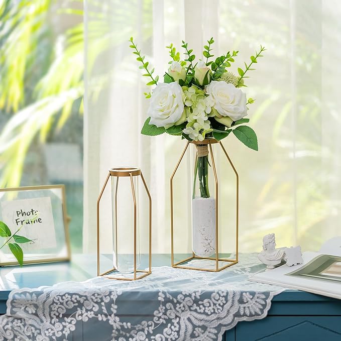 Sziqiqi Glass Tube Vase with Metal Stand - Modern Flower Vase Propagation Station for Plants Minimalistic Wire Square Vase for Room Decor Office Wedding Table Decoration