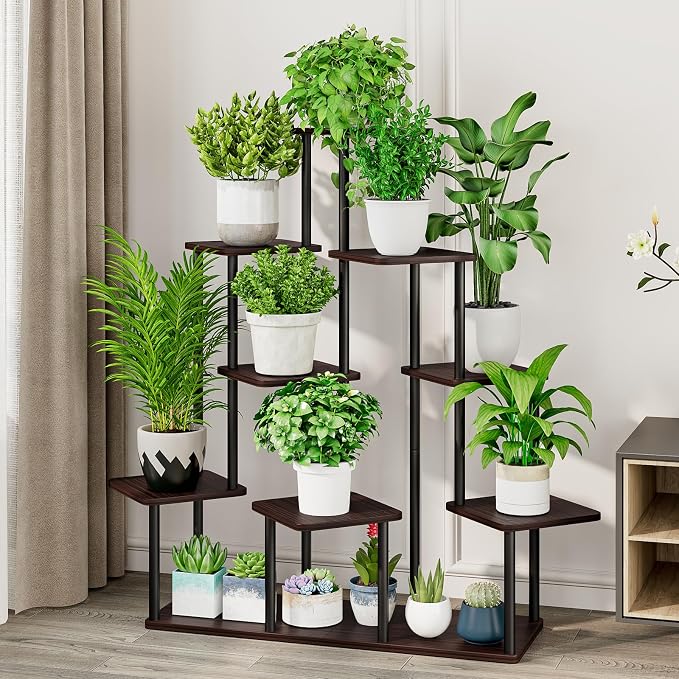 AZERPIAN Plant Stand 9 Tier Indoor Metal Flower Shelf for Multiple Plants Corner Tall Flower Holders for Patio Garden Living Room Balcony Bedroom, Black Oak