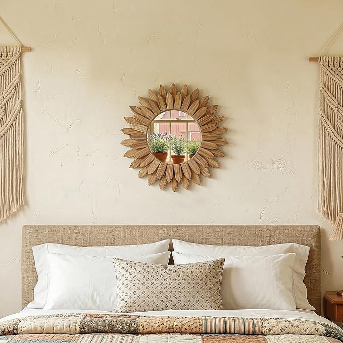Boho Wood Sunburst Round Wall Mirror, 24 Inch Rustic Circle Wooden Frame Decorative Mirror for Farmhouse Coastal Home, Home Wall Decor for Living Room Entryway Bedroom, Light Wood