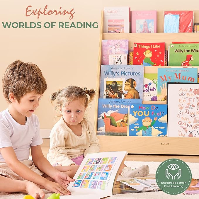 Kids Bookshelf for Toddlers and Babies, Wooden Montessori Bookshelf for Kids Room, Baby Book Shelf with Storage for Nursery, Classroom, Playroom