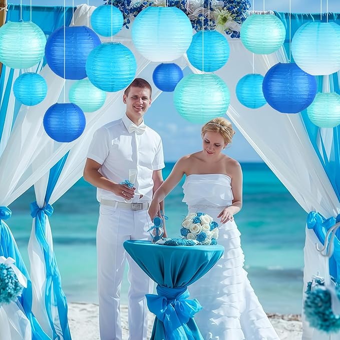 Paper Lanterns Decorative, Gradient Blue Round Hanging Paper Lantern Decorations for Anniversary Graduation Wedding Birthday Party Baby Shower Decorations, 15Pcs