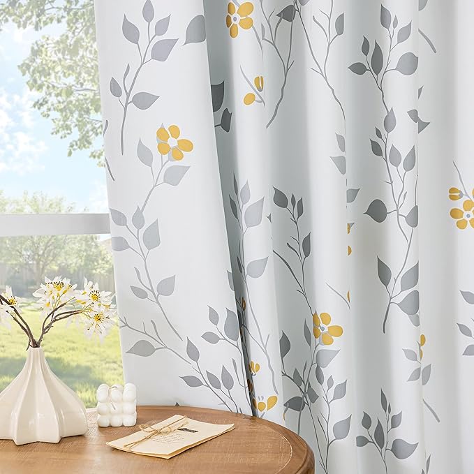 Beauoop Floral 100% Blackout Curtains 84 Inch Length 1 Panel for Patio Sliding Door Extra Wide Yellow Grey Flower Patterned Divider Room Darkening Thermal Soundproof Grommet Window Drapes, 100x84x1
