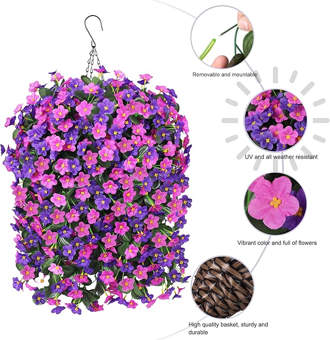 Artificial Faux Fall Hanging Flowers Plants Baskets for Outdoor Outside, Fake Silk Dark Purple Fuchsia Daisy Mums Trailing Vines in Planter Realistic UV Resistant for Balcony Porch Decor