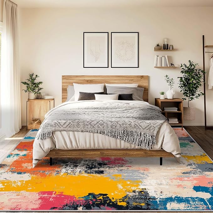 9x12 Colorful Area Rug Modern Abstract Beige Orange Yellow Pink Blue Black White Grey Rug Bedroom Low Pile Thin Large Carpet Living Room Non Slip Dining Room Stain Resistant Office Washable Machine