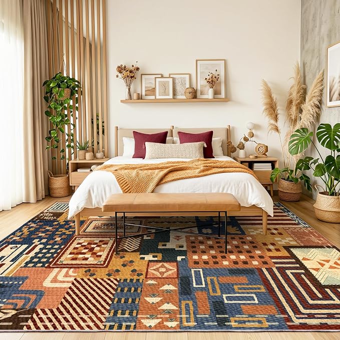 8x10 Southwestern Patchwork Large Area Rug, Geometric Tribal Colorful Rugs for Living Room, Non-Slip Stain Resistant Washable Indoor Carpet for Bedroom, Entryway, Dining Room, Home Office Decor
