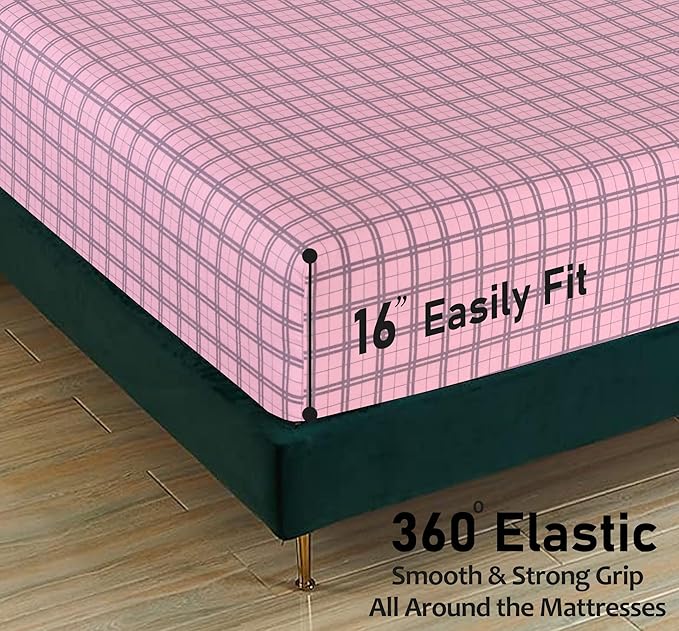 RUVANTI Flannel Sheets Full Size - 100% Cotton Double Brushed Bed Sheets Set, Deep Pockets 16 Inches, All Seasons Breathable & Extra Soft Full Sheets, Warm & Cozy, 4 Piece, Check & Bolt Pink