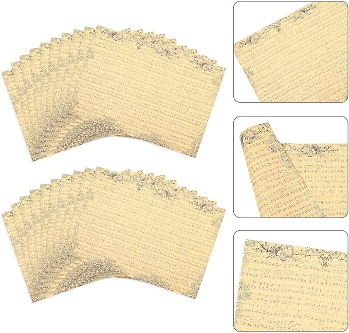 NIYANGLE 20 Sheets Vintage Floral Bouquet Wrapping Paper with Musical Notes Retro Wrap for Flowers and Festival Decorations Natural Dark Typography Kraft Paper for Elegant Bouquet