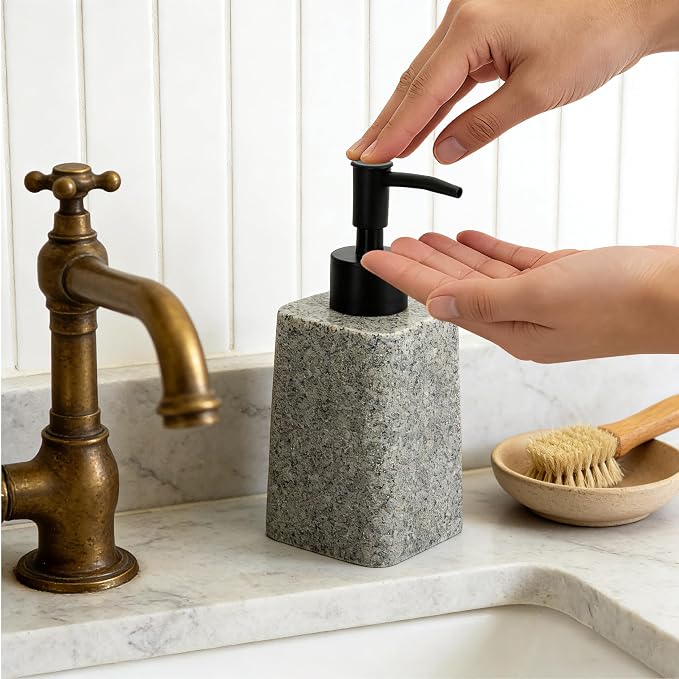 Bathroom & Kitchen Countertop Soap Dispenser, Modern Sandstone-Look Resin Bottle with ABS Pump, Durable Shatter-Resistant 8.5 oz Dispenser (Grey)