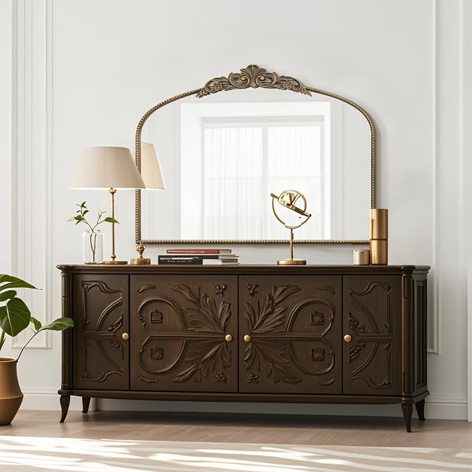 Micasso Large Vintage Gold Mirror: 40"x29" French Baroque Antique Arched Mirror - Traditional Ornate Decorative for Wall/Fireplace/Mantel/Entryway/Bathroom/Hallway - Home Decor for Living Room