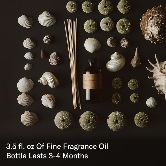 P.F. Candle Co. Classic Scented Rattan Reed Diffuser (3.5 fl oz) Amber Glass Jar, Fine Fragrance Oil, Low Maintenance Scent Throw (Saltwater Jasmine, 3.5 fl oz)