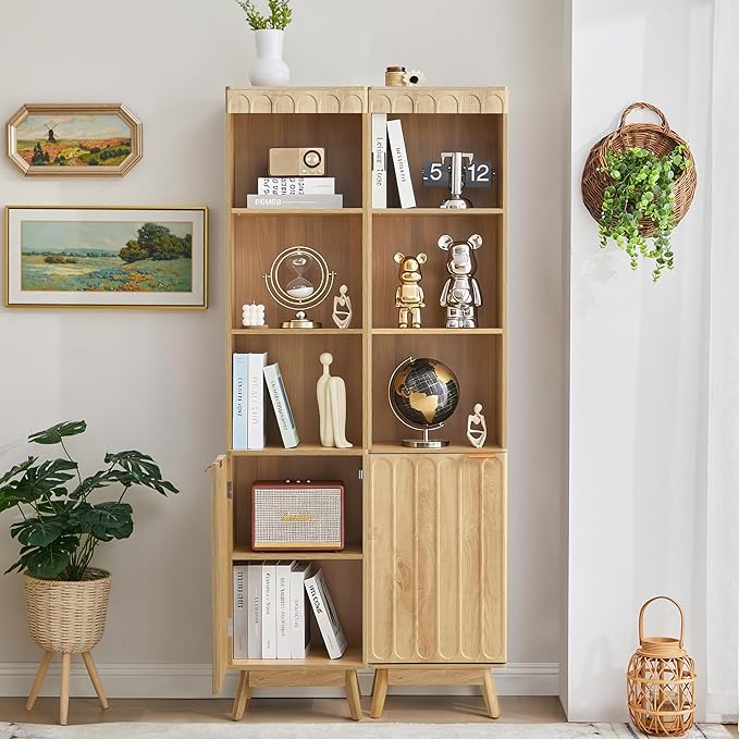 Tall Narrow Bookshelf with Door, Mid Century Modern Bookcase, 71" Slim Storage Cabinet with Adjustable Shelves, Modern Open Display Storage Organizer for Living Room Bathroom Office, Natural