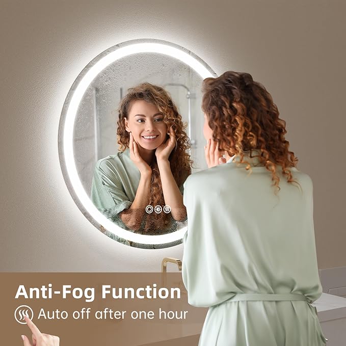LOVESPEJO 32" Round LED Bathroom Mirror with Lights, Circle LED Mirror for Bathroom, Fogless, Dimmable, 3 Color Changing, Shatterproof