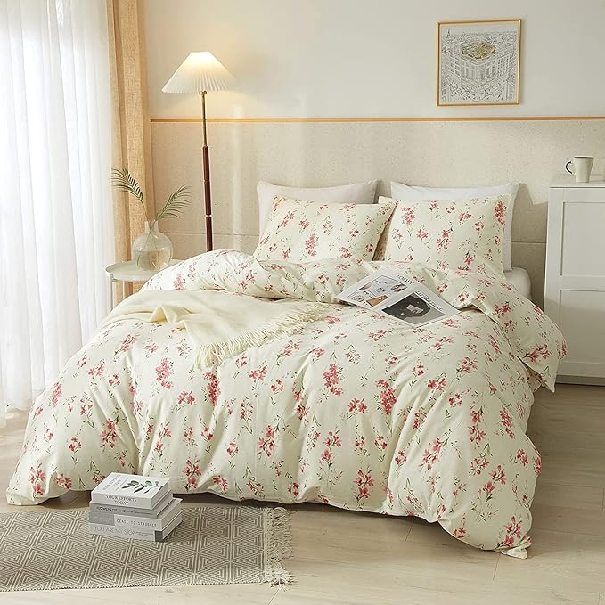 Boho Floral Duvet Cover Queen Soft Cotton Pink Floral Bedding Set Chic Garden Style Cute Flower Pattern Duvet Cover Vintage Floral Botanical Comforter Cover 1 Queen Duvet Cover with 2 Pillowcases