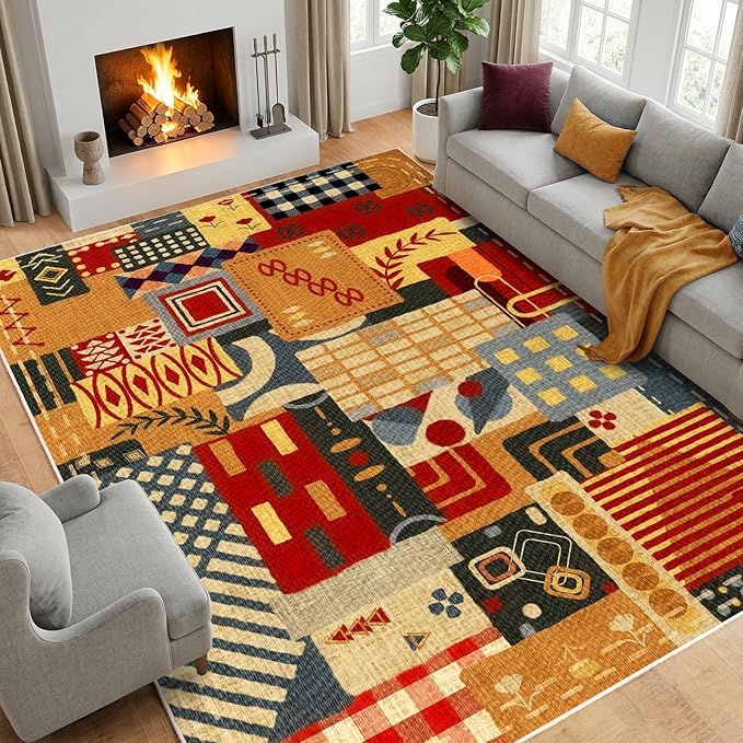8x10 Abstract Tribal Patchwork Large Area Rug, Colorful Boho Tribal Geometric Rugs for Living Room, Non Slip Low Pile Washable Indoor Carpet Rug for Bedroom, Entryway, Dining Room, Home Office Decor