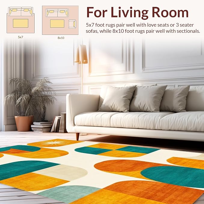 Flatwoven High Traffic Area Rug 4x6, Mid Century Modern Geometric Shapes with Retro Atomic Motifs, Non Slip, Stain Resistant, Washable Area Rugs for Living Room, Bedroom (Yellow, 4x6)