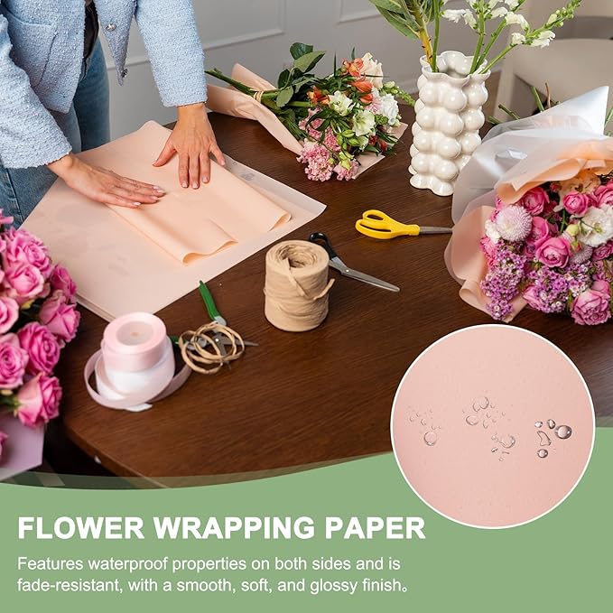 PATIKIL Flower Gift Wrapping Paper, 20 Sheets Double Sided Golden Waterproof Bouquet Paper Wrap Florist Supplies Packaging Floral Papers for Wedding DIY Craft Valentine, Pink/Gold