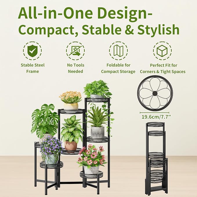 Plant Stand Indoor Outdoor, 7 Tier Large Plant Stand with 7.9-Inch Wide Drainage Tray, Tiered Corner Metal Iron Flower Display Holder Shelf, Folding Tall Rack for Patio Balcony Porch - BlackFlower