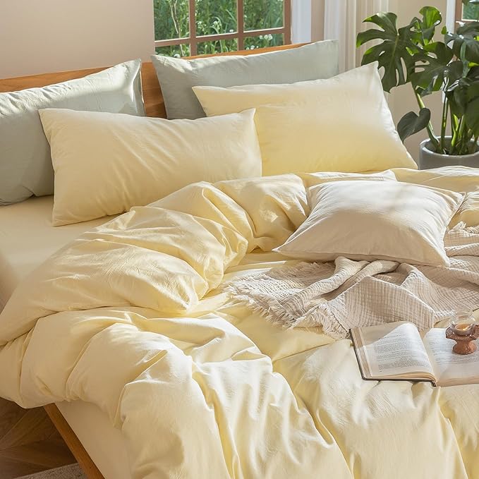 MooMee Bedding Duvet Cover Set 100% Washed Cotton Linen Like Textured Breathable Durable Soft Comfy (Heathered Butter Yellow, King 104"x90")