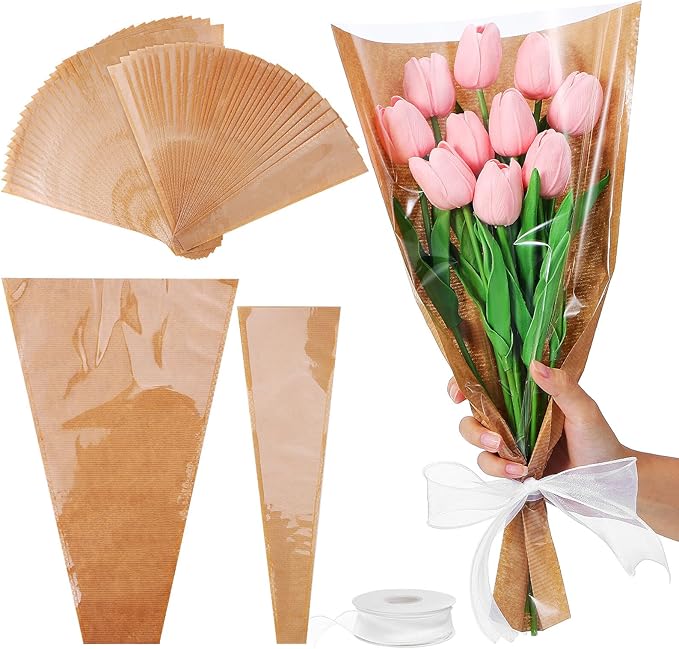 GALPADA Kraft Paper Floral Bag Floral Wrapping Paper Ribbons Sturdy Bouquet Wrapping Bags for Easy Flower Packaging