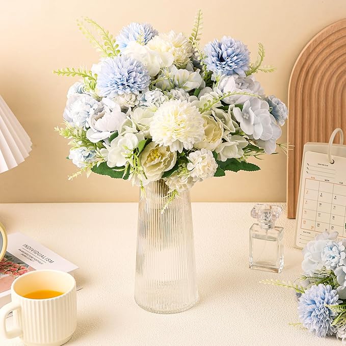 Olgaa 12 Bundles Peonies Artificial Flowers Silk Flowers Fake Peony Bouquet Faux Peonies Flowers Bulk for Wedding Decor Centerpiece Table Decorations (Blue White)