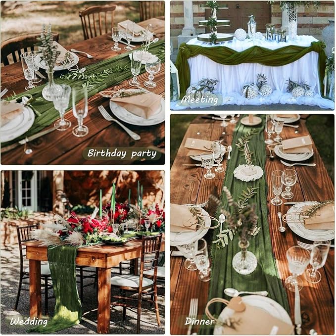 12 Pack 10Ft Cheesecloth Table Runner 35x120 Inch Boho Gauze Table Runner Rustic Cheese Cloth Long Romantic Table Runners for Wedding Bridal Shower Birthday Party Table Decor (Grass Green)
