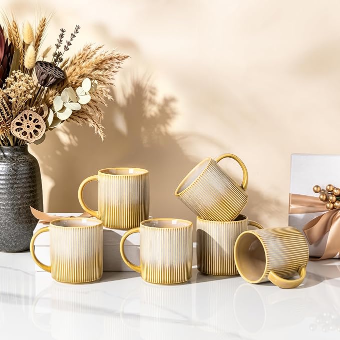 theterra Ceramic Coffee Mugs Set of 6, 14.2oz Handmade Coffee Cups with Handle for Latte, Tea, Milk, Beer, Hot Cocoa, Autumn Haze