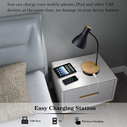 LALISU Metal Desk Lamp - Wireless Charging & Touch Control | 3-Way Dimmable Bedside Light (Black)