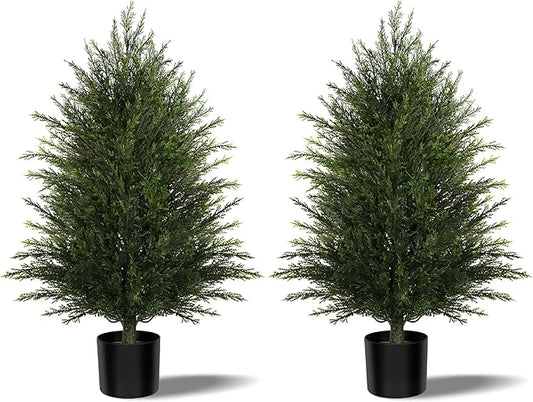 Mavis's Diary Artificial Topiary Ball Tree, Indoor Realistic Faux Boxwood Bush Potted Plants, Outdoor Fake Shrubs Cedar Evergreen Plants for Home Living Room Front Porch Decor (2, 3ft)