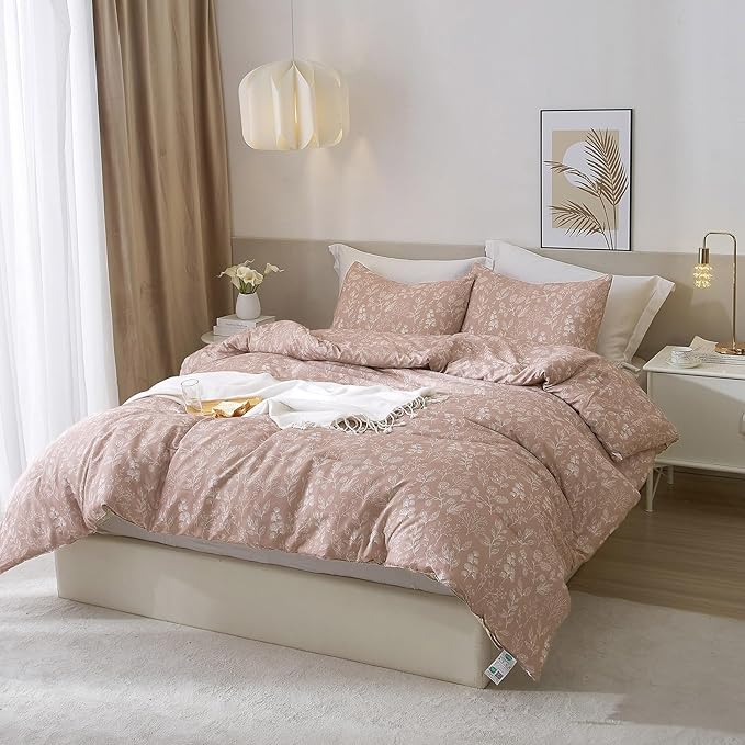 EAVD Vintage Style Garden Dust Pink Floral Duvet Cover King Soft Cotton Chic Cute Floral Bedding Set with 2 Pillowcases Reversible Botanical Duvet Cover with Zipper Closure