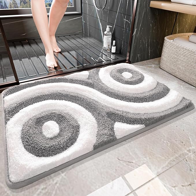 QJHOMO Gray and White Bathroom Rugs Non Slip Bath Mat Modern Aesthetic Bathroom Decor, Geometric Striped Bath Rug Soft Fluffy Floor Mats, Thick Microfiber Carpet Machine Washable Bathmat (18x26 inch)