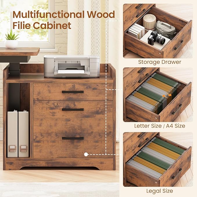 SEDETA L Shaped Electric Standing Desk with File Cabinet, 63 x 53'' Height Adjustable Home Office Computer Desk with 3 Drawers, Power Outlet, Stand up Gaming Table with Led Lights, Rustic Brown
