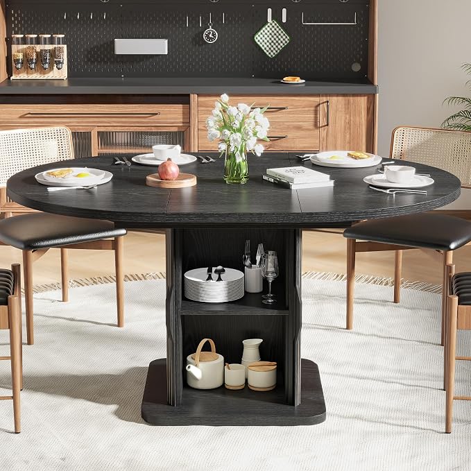 Extendable Black Round Dining Table for 4-6-8, 59 Inch Kitchen Dining Room Table with Storage, Modern Oval Circle Dinner Furniture, Fluted Wood Slide Door, for Home, Living Room, Farmhouse, Black