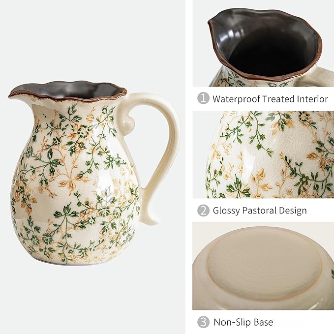 Green and Beige Vintage Vase with Handle,Retro Chinoiserie Vase,Farmhouse Antique Decorative Ceramic Vases for Home Decor,Living Room, Bookshelf, Office, Grand Millennial Decor(H8.05 Inch)