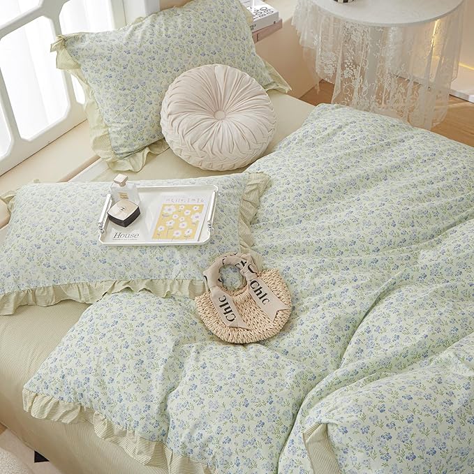 VM VOUGEMARKET Green Comforter Set Twin with Lace Edge Blue Flower Bedding Comforter Set Reversible Romantic Ruffle Comfroter Cover with 2 Pillow Shams(3pcs,Twin XL)